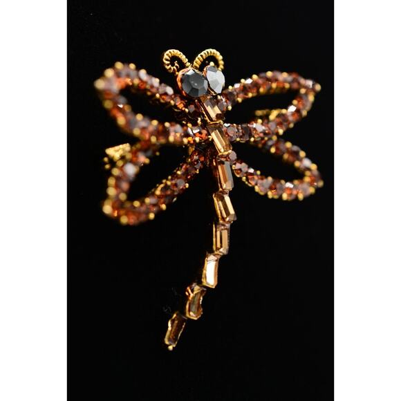 WM Vintage Dragonfly Crystal Pin Brooch Brown Rhinestone Gold Signed AS IS BinAJ - Picture 2 of 12
